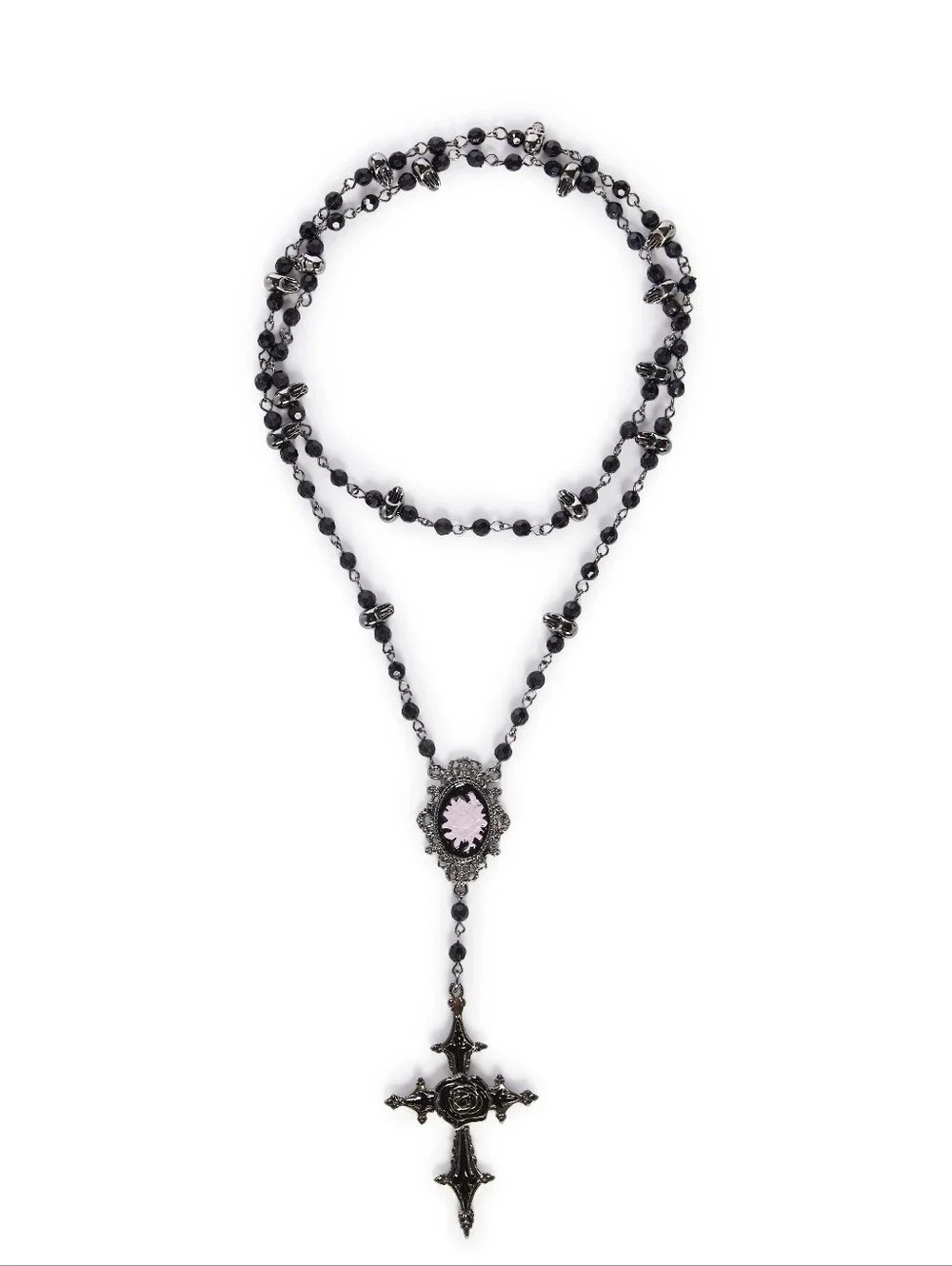 Dolls Kill Goth Widow Holy Mark Rosary Black Cross Rose Cameo Skull Necklace - Picture 6 of 7